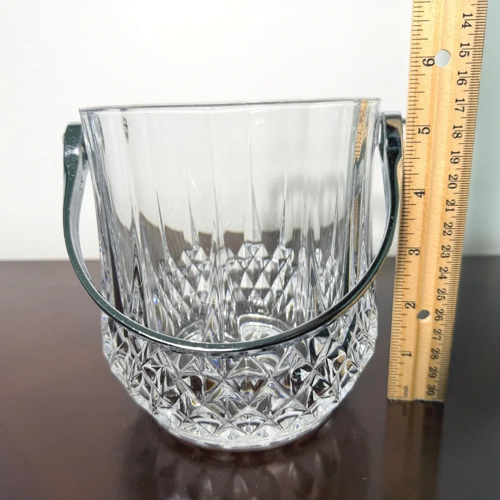 Vintage Cut Crystal Ice Bucket Chrome Handle & Tongs Starburst MCM Barware 5